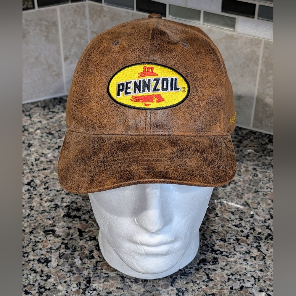 Pennzoil VTG Promo Deadstock Leather Strapback Trucker Hat Oil Race Advertising